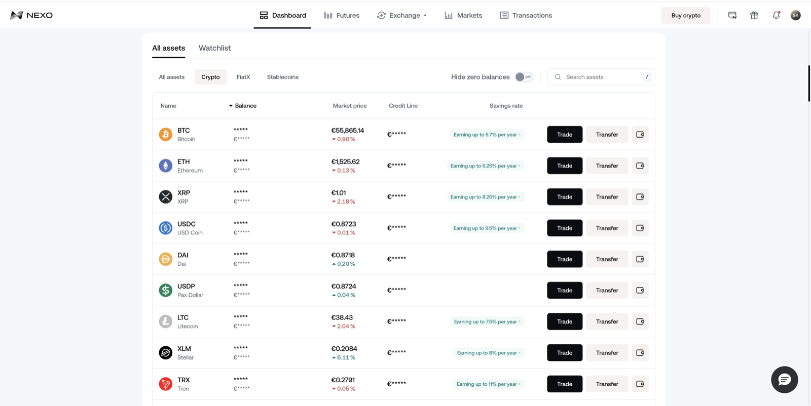 Nexo Earn dashboard, Apr 2026: USDC earn rate shown at Base tier with the four-tier loyalty selector (Base / Silver / Gold / Platinum) visible in the UI